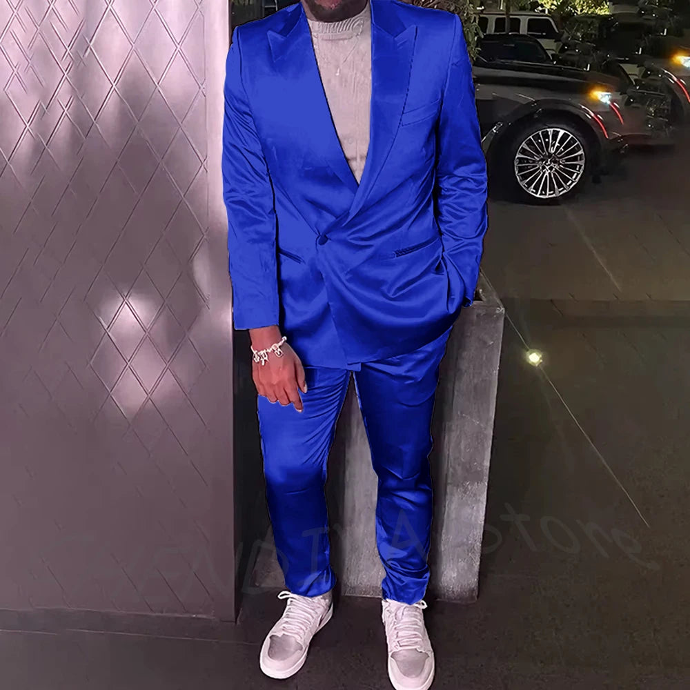 Silver Satin Men Suits 2 Piece Chic Peak Lapel Casual Daily Suit Single Button Formal Evening Party Tuxedo (Blazer+Pants)