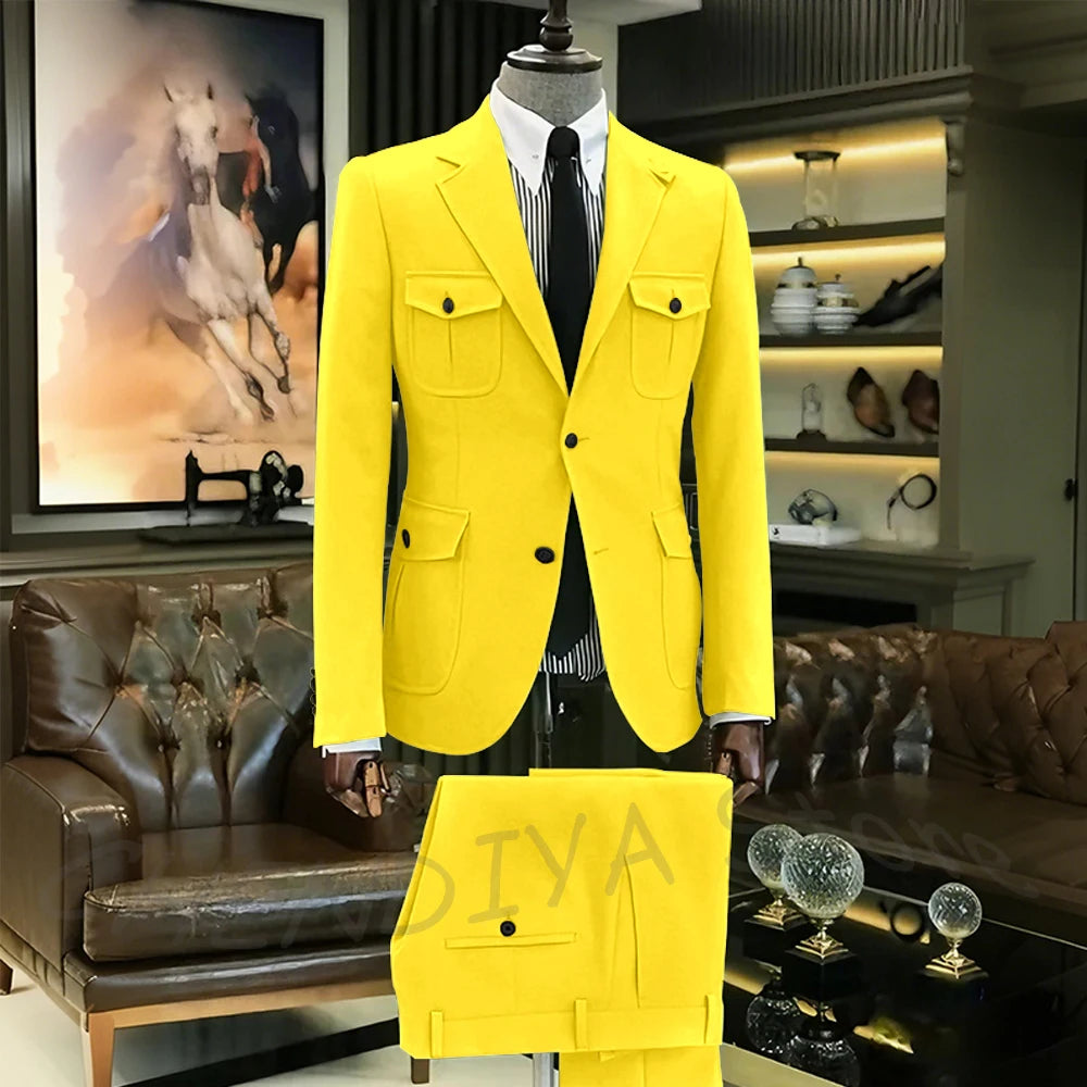 Customized Men Suits Solid Color Four Pockets Notch Lapel Outfits Formal Party Prom Daily Male Sets Two Piece(Blazer+Pants)