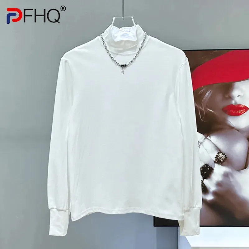 PFHQ Spring Men's T-shirt Mock Neck Solid Color Simple Casual Tops Long Sleeve Loose Male Tee Korean Style Menswear 2025 21Z8212