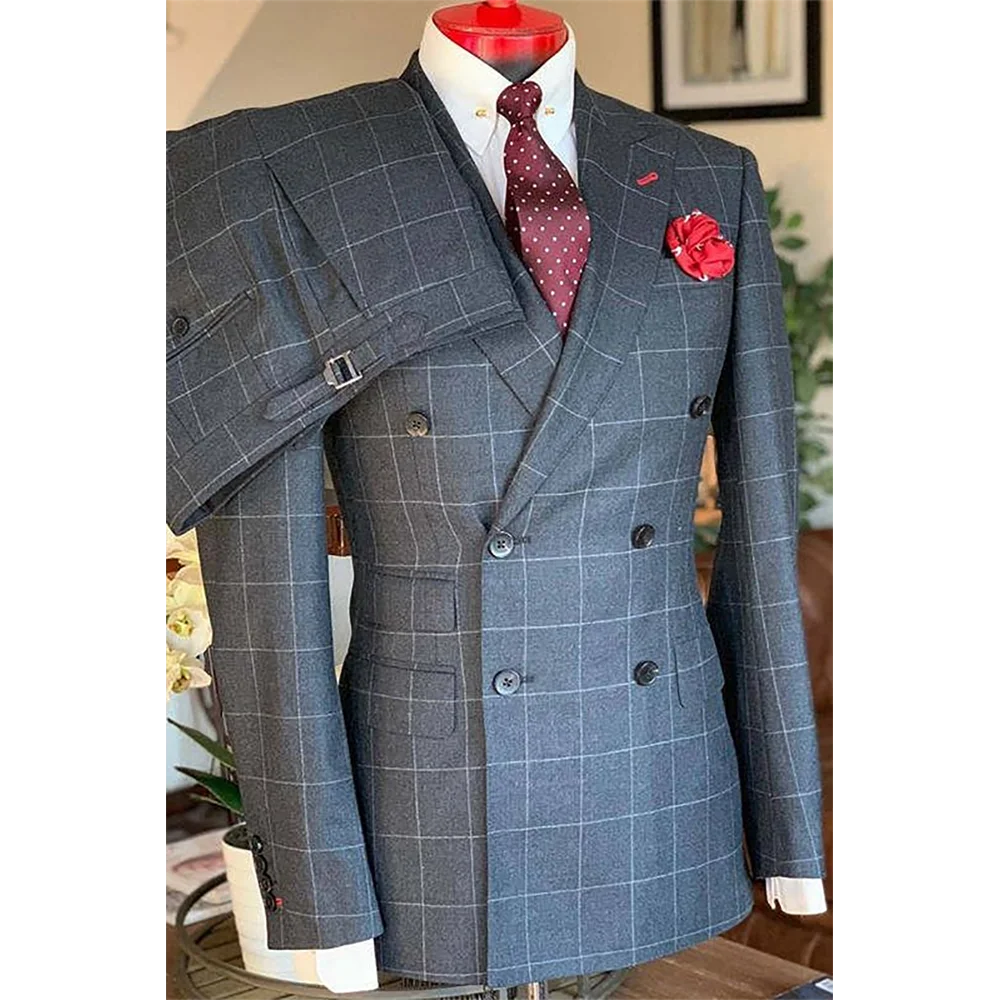 High Quality Plaid Suit For Men Peaked Lapel Customized Outfit Two Piece Slim Double Breasted Business Casual Male Blazer Set