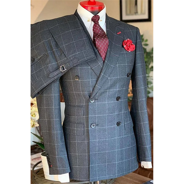 High Quality Plaid Suit For Men Peaked Lapel Customized Outfit Two Piece Slim Double Breasted Business Casual Male Blazer Set