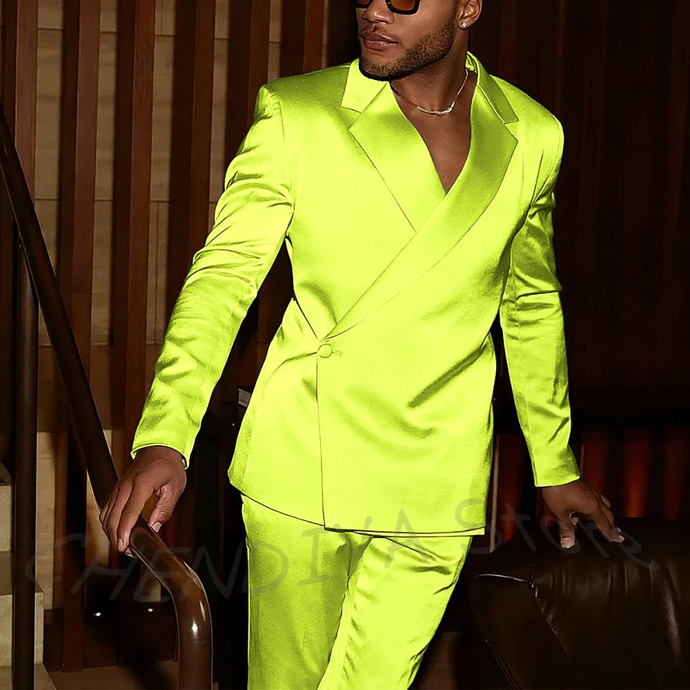 Fashion Notch Lapel Satin Men Suit High Quality Single Button Slim Fitted Outfit Jacket Pants Model Show Party Prom Male Set