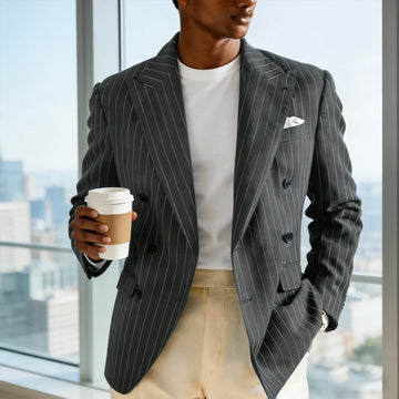 Men's Pinstripe Double Breasted Blazer Classic Peak Lapel Slim Fit Striped Suit Jacket For Party Prom Business Formal Coats