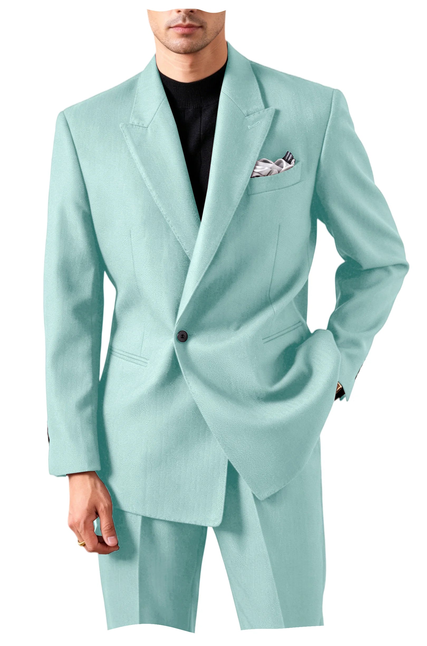 Men's Serge Suit Set Jacket Premium One Button Peak Lapel Slim Fit Tuxedo 2 Piece Blazer Pants Casual Business Wedding Formal