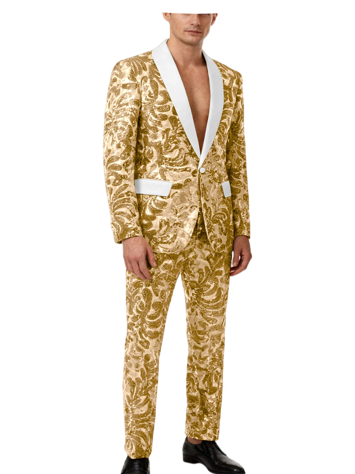 Men's Sequin Paisley Tuxedo Set Suit White Satin Shawl Lapel Slim Fit 2 Piece Blazer+Pants For Wedding Prom Party Suit Plus Size