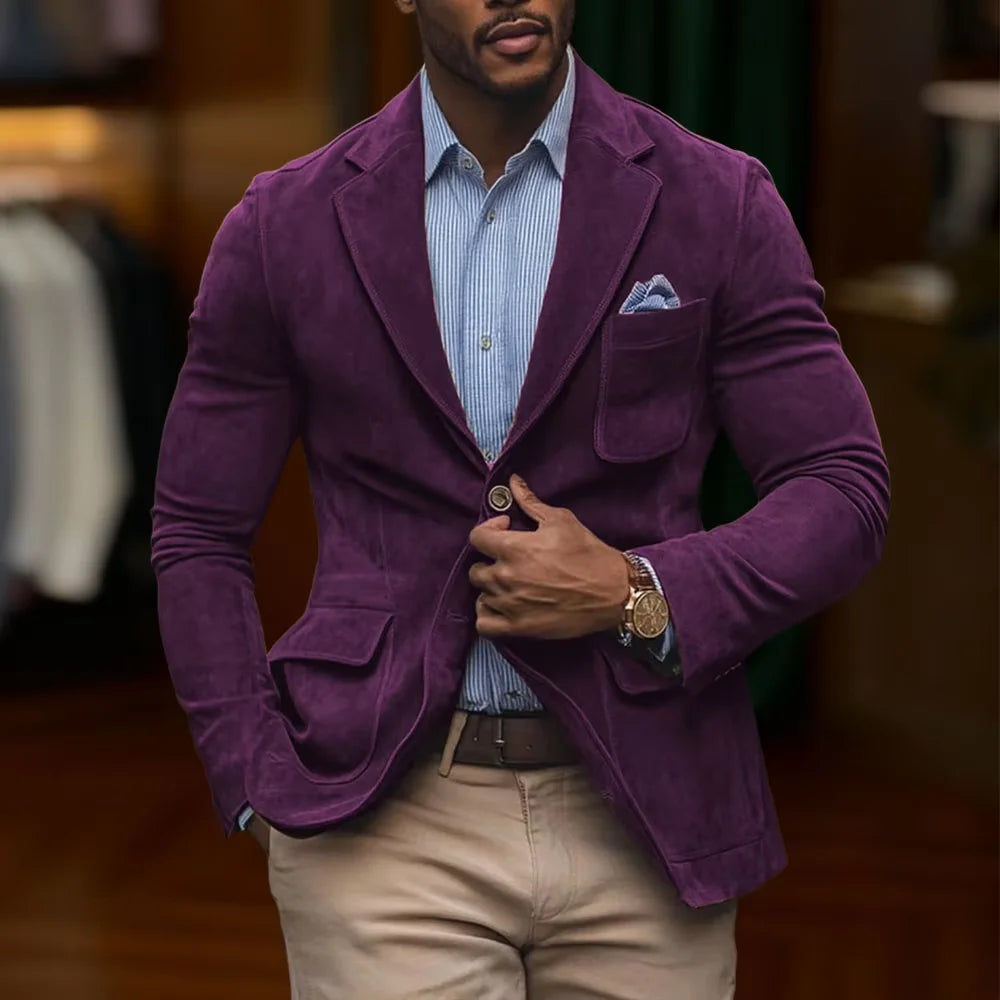 Men's Suede Brown Blazer Vintage Slim Fit Notched Lapel Formal Jacket High Quality Flap Pocket Sport Coat For Business Casual