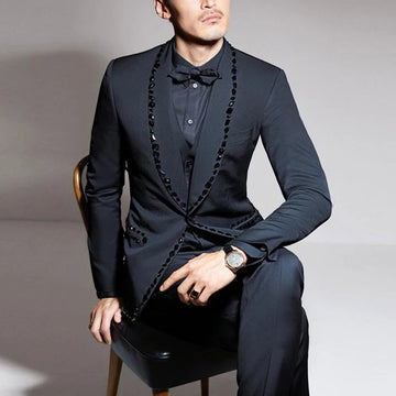 Navy Blue Rhonestone Men Suits Stunning 3 Piece Groom Tuxedo For Wedding Prom With Shawl Lapel Custom Man Fashion Clothes 2024