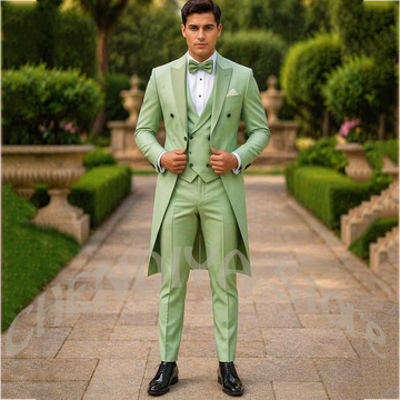 Light Green Double Breasted Tailcoat Men Suit 3 Pieces Slim Fit Peak Lapel Formal Wedding Groom Business Tuxedo Custom Made
