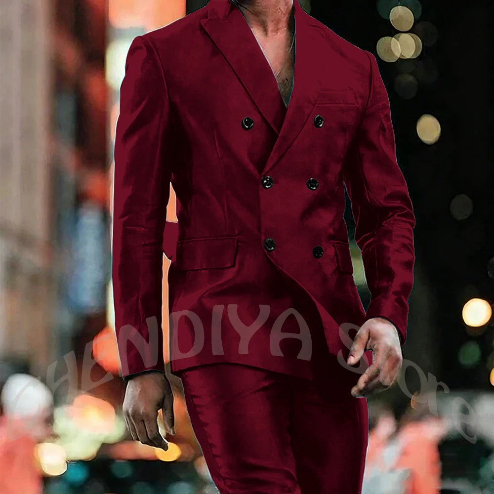Elegant Satin Men Suit 2 Pieces Peaked Lapel Handsome Tailor-Made Custom Man Fashion Clothes Set Smart Casual Jacket Pants