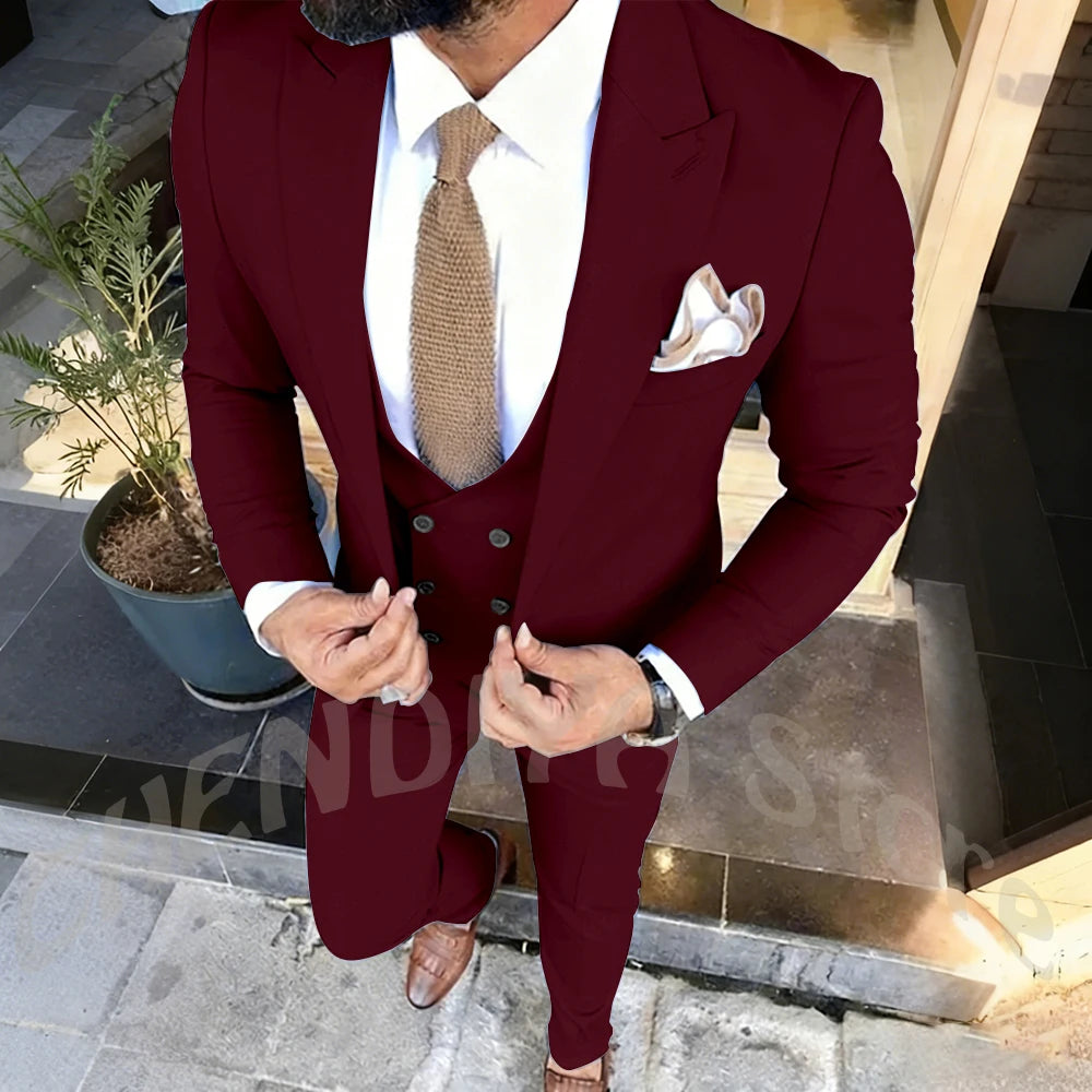 Slim Fit Men's Suits Set 3 Piece Single Breasted Peak Lapel Suit Daily Home Office High Street Fashion Casual Blazer Pants Vest