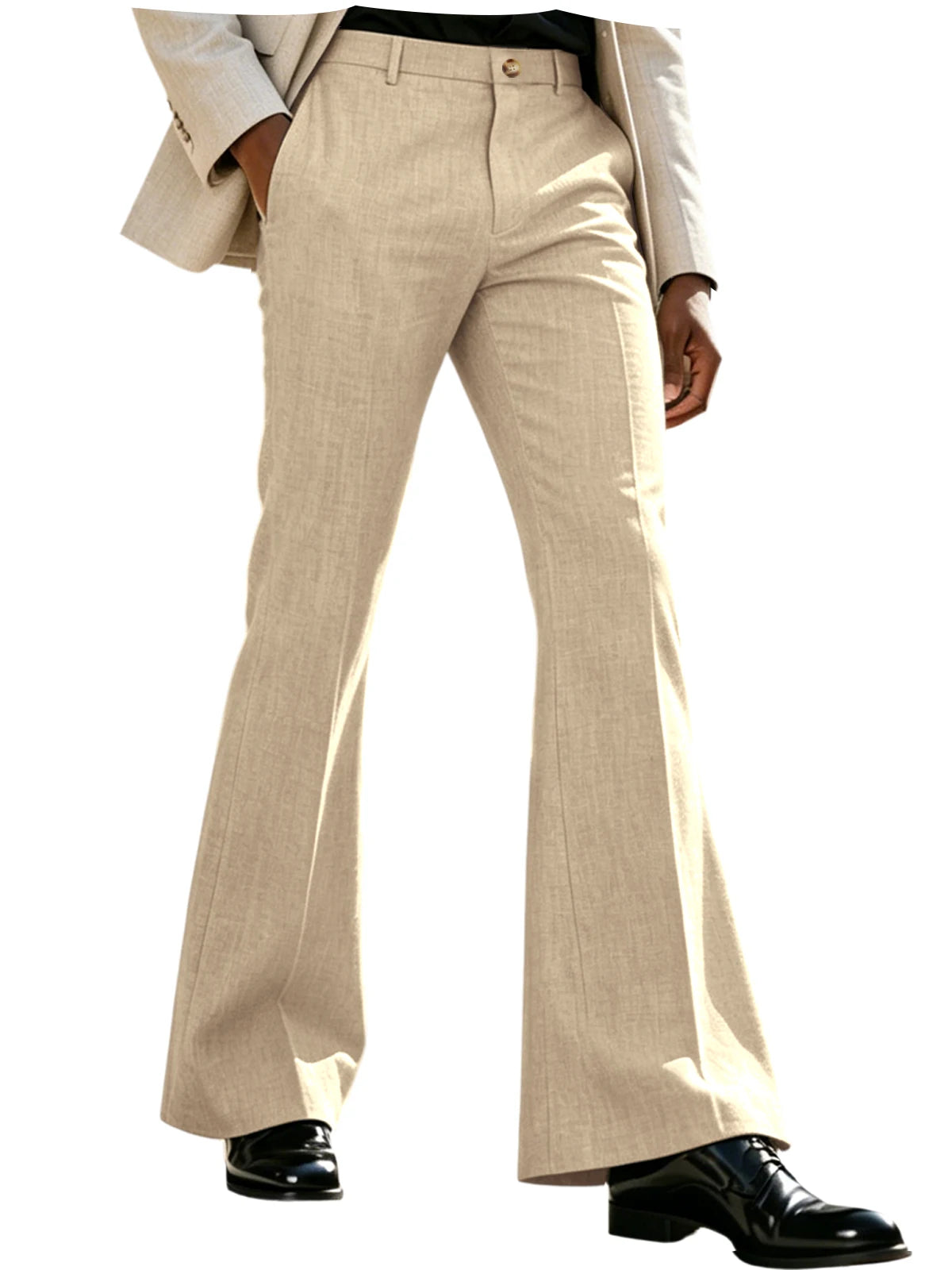 Men's Beige Linen Flare Pants High Waist Bell Bottom Lightweight Wrinkle Resistant Slim Fit Trousers For Summer Business Casual