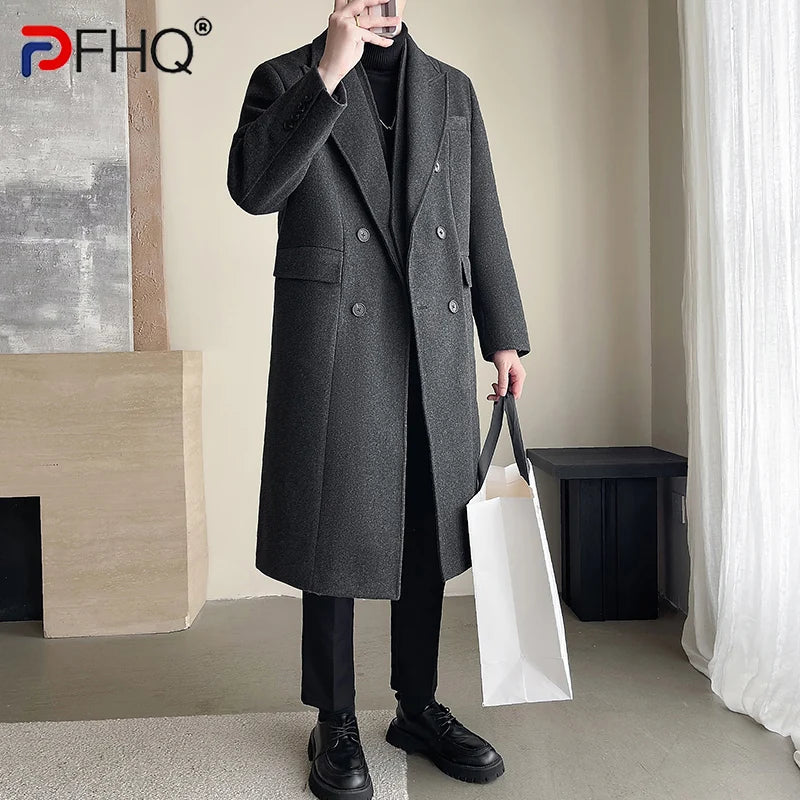 PFHQ Winter Long Over Knee Men Woolen Coats Casual Windbreaker 2024 Solid Color Long Sleeve Luxury Male Tops 21Z7006