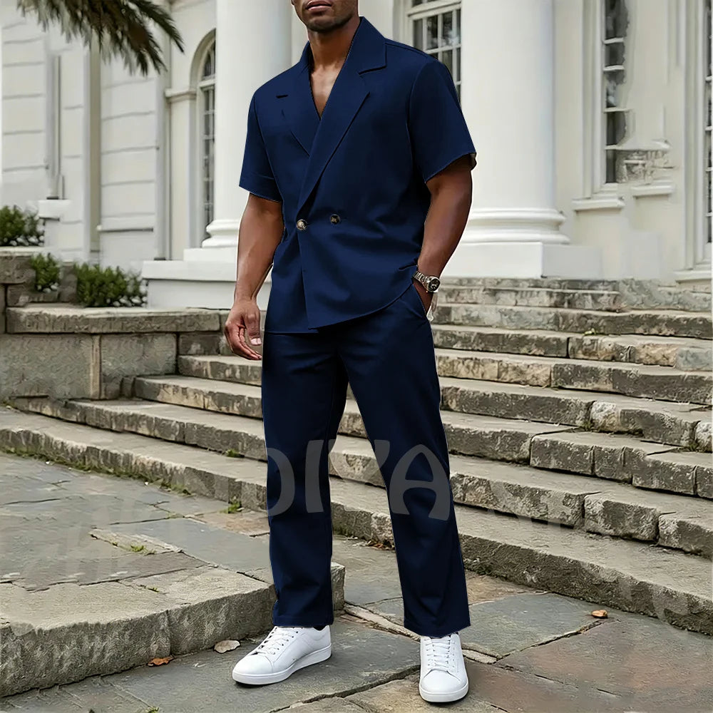 Stylish Men's 2 Piece Sets Notch Lapel Double Button Short Sleeves Blazer Suit Straight Fit Summer Casual Fashion Outfit