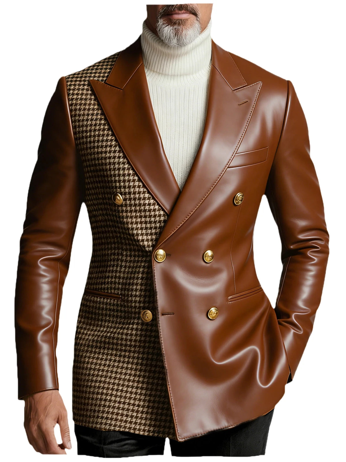 Men's Houndstooth Faux Leather Patchwork Blazer Jacket Double Breasted Peak Lapel Gold Button Slim Fit Suit For Business Casual