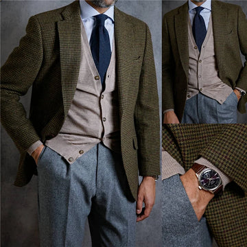 Plaid Smart Casual Singal Breasted England Style Wram Top Thick Woolen Winter Man Suit Jacket Tweed Blazer