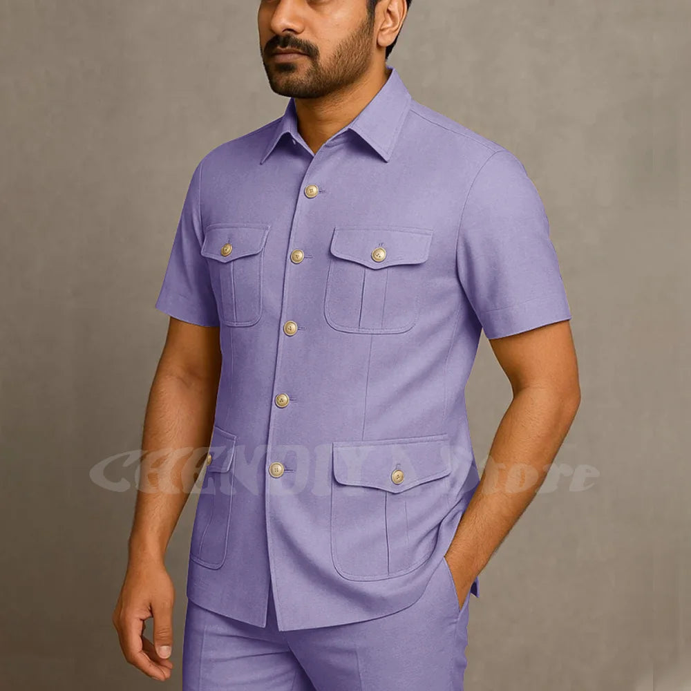 Solid Color Men Suits Safari Style Stand Collar Single Breasted Slim Fit Outfits Smart Casual Office Work Social Daily Set