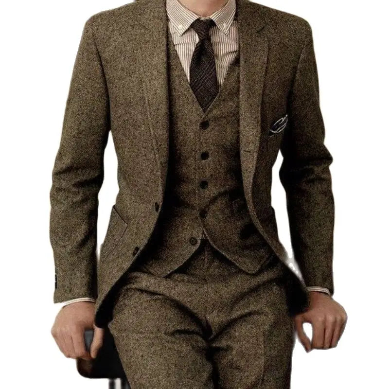 Brown Tweed Suit Men Vintage Winter Formal Wedding Groom Prom Blazers Sets Taliored Made Men's Classic Clothing 3 Pieces