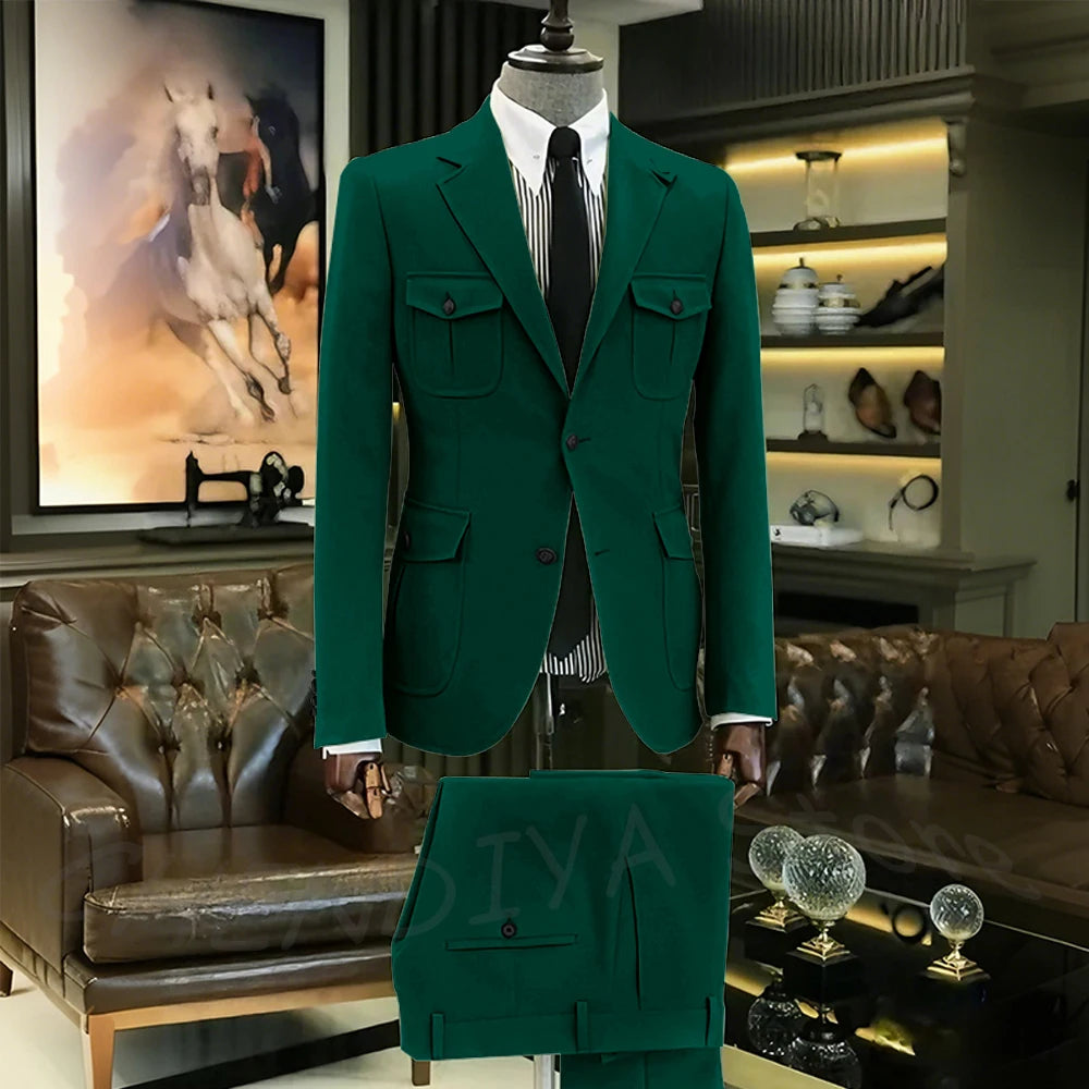 Customized Men Suits Solid Color Four Pockets Notch Lapel Outfits Formal Party Prom Daily Male Sets Two Piece(Blazer+Pants)