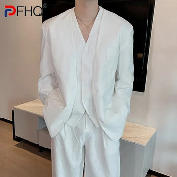 PFHQ Simple Men's Three-piece V-neck Sleeveless Vest Single Button V-neck Blazer Straight Leg Suit Pants White Black 9C7658