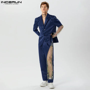 INCERUN Fashion Well Fitting Men's Sets Long Sleeved Suit Jackets Pants Patchwork Lace Flower Hollowed Two-piece Sets S-5XL 2024