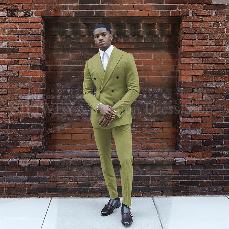 Grey Double Breasted Men's Suit 2 Pieces Jacket Pants Business Casual High Quality Office Stylish Male Clothing