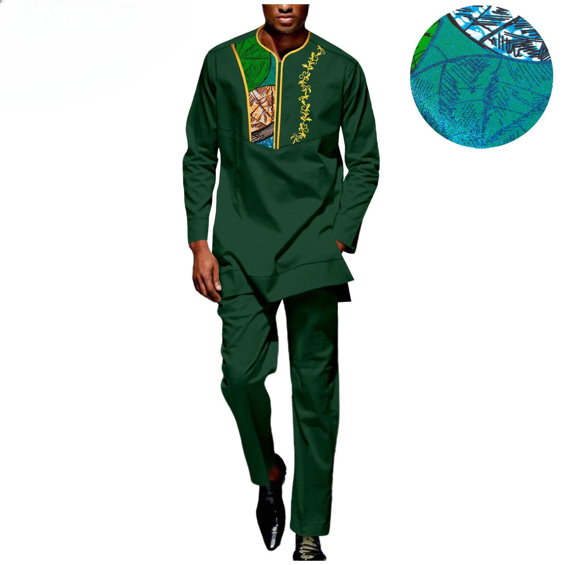 2025 Original Design Nigerian Print Men’s Set Long Shirt Patch Elastic Waist Pants Tailored African Ethnic Costumes Party Wear