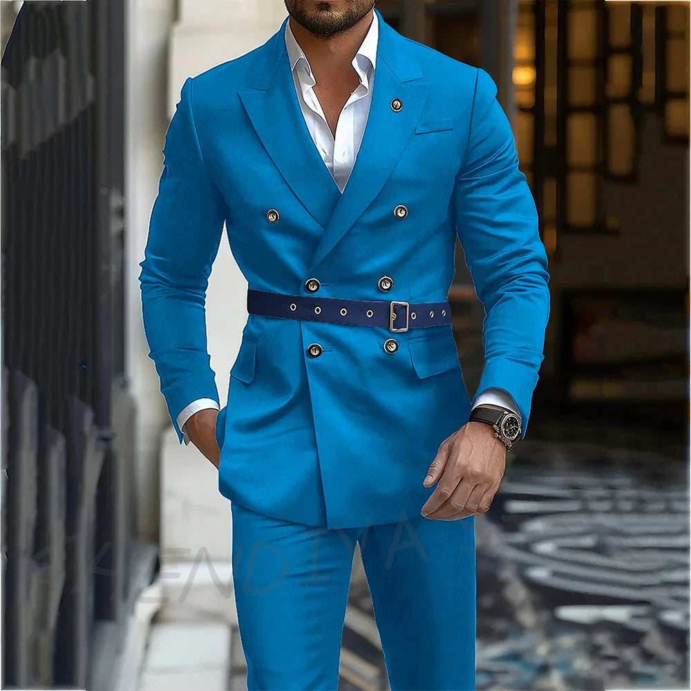 Navy Blue Men's Suit Classic Peak Lapel Blazer Double Breasted Formal Set Two Piece Business Casual Male Clothing Without Belt