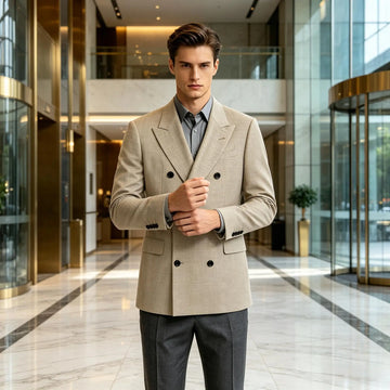 Men's Linen Blend Double Breasted Blazer Peak Lapel Breathable Wrinkle Resistant Business Suit Jacket For Wedding Daily Wear
