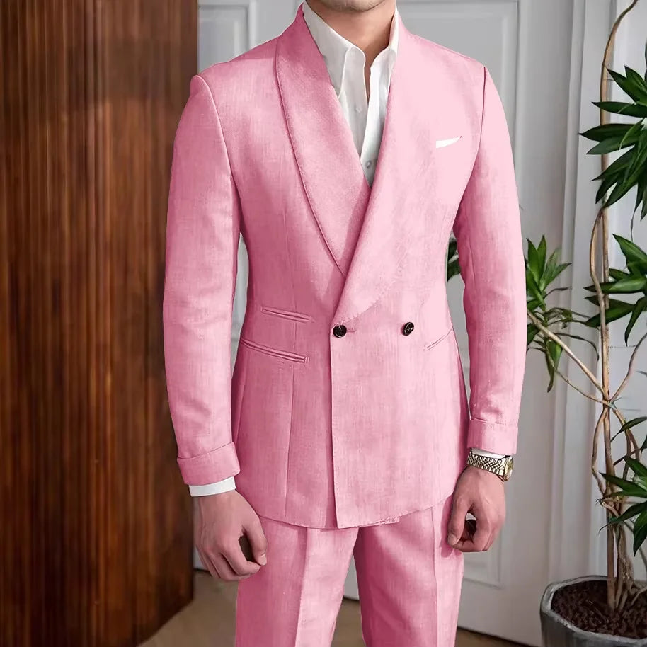 Men's Linen Suit 2-Piece Khaki Shawl Collar Double-Breasted Slim Fit Breathable Jacket and Pants Formal Set for Summer Business