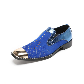 Men's Loafers Reverse-Leather Casual Brand-New Genuine Leather Shoes Embroidered Metal Square Toe Wedding Business Formal Shoes