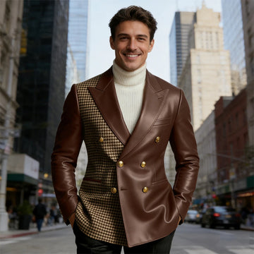 Men's Houndstooth Faux Leather Patchwork Blazer Jacket Double Breasted Peak Lapel Gold Button Slim Fit Suit For Business Casual