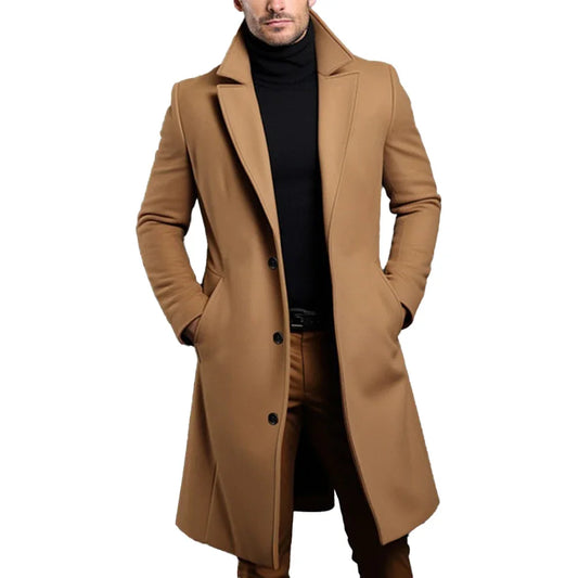 Fashion Men's Long Style Warm Wool Trench Coat Solid Color Single Breasted Luxury Wool Blends Overcoat Tops Coats Clothing