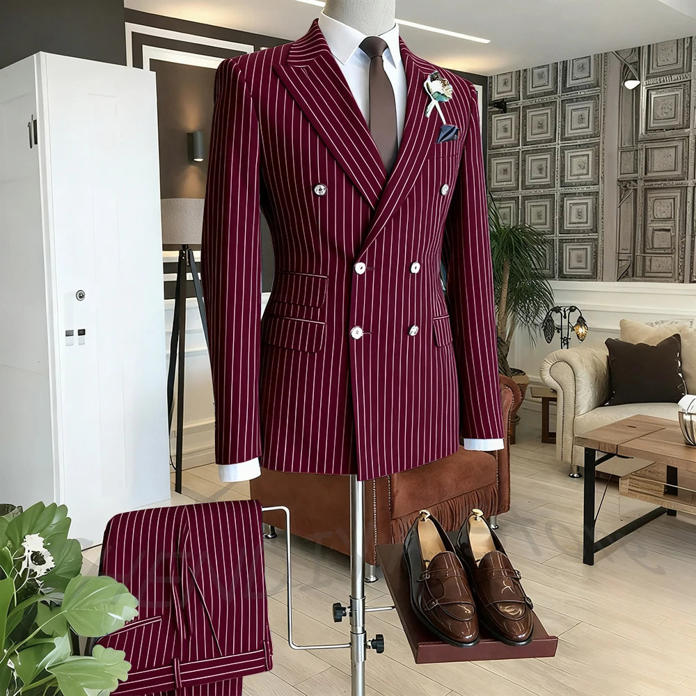 Brown Striped Men Suits Double Breasted Formal Outfits 2 Piece Male Clothing Business Casual Tailored Party Prom Jacket Pants