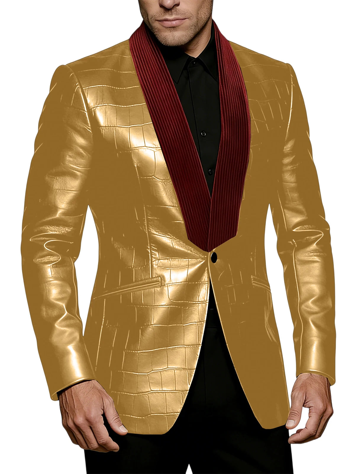 Men's Crocodile Pattern Leather Blazer Corduroy Patchwork 1 Button Shawl Collar Suit Jacket Slim Fit Business Formal Outerwear