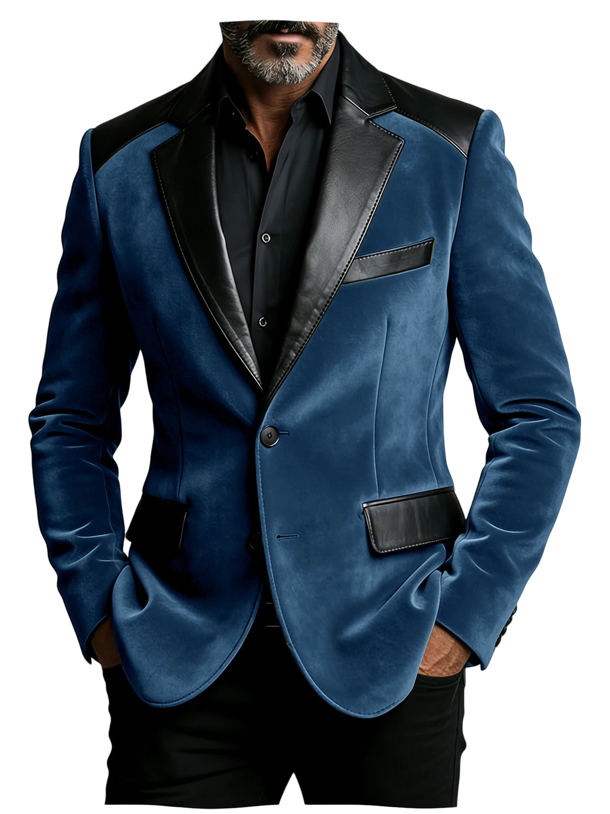 Men's Velvet Blazer with Leather Patchwork Slim Fit Two Button Peak Lapel Suit Jacket for Business Wedding Party Flap Pockets
