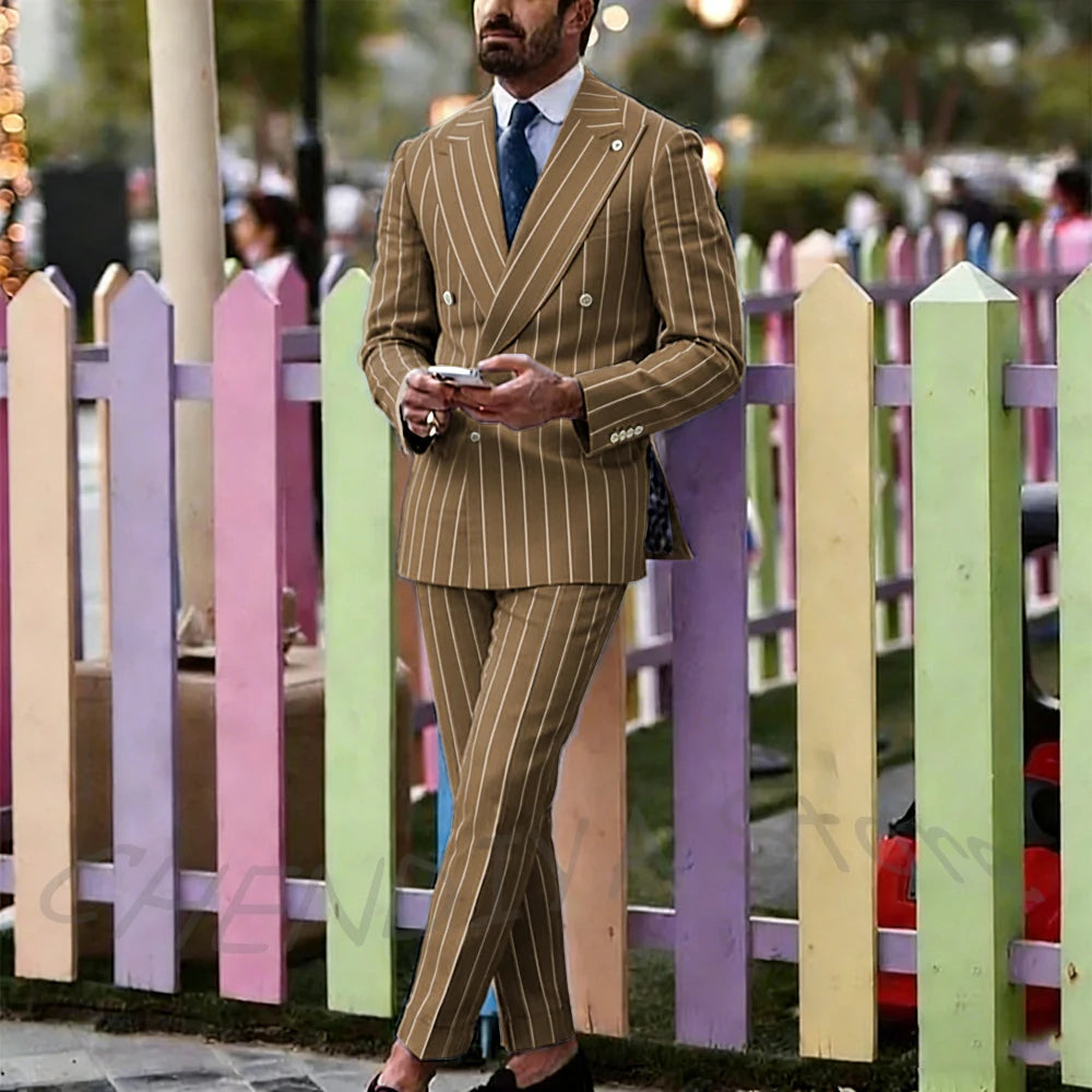 Light Purple Striped Men Suit England Style Peaked Lapel Double Breasted Classic Male Clothing Wedding Groom Tuxedo Custom Set