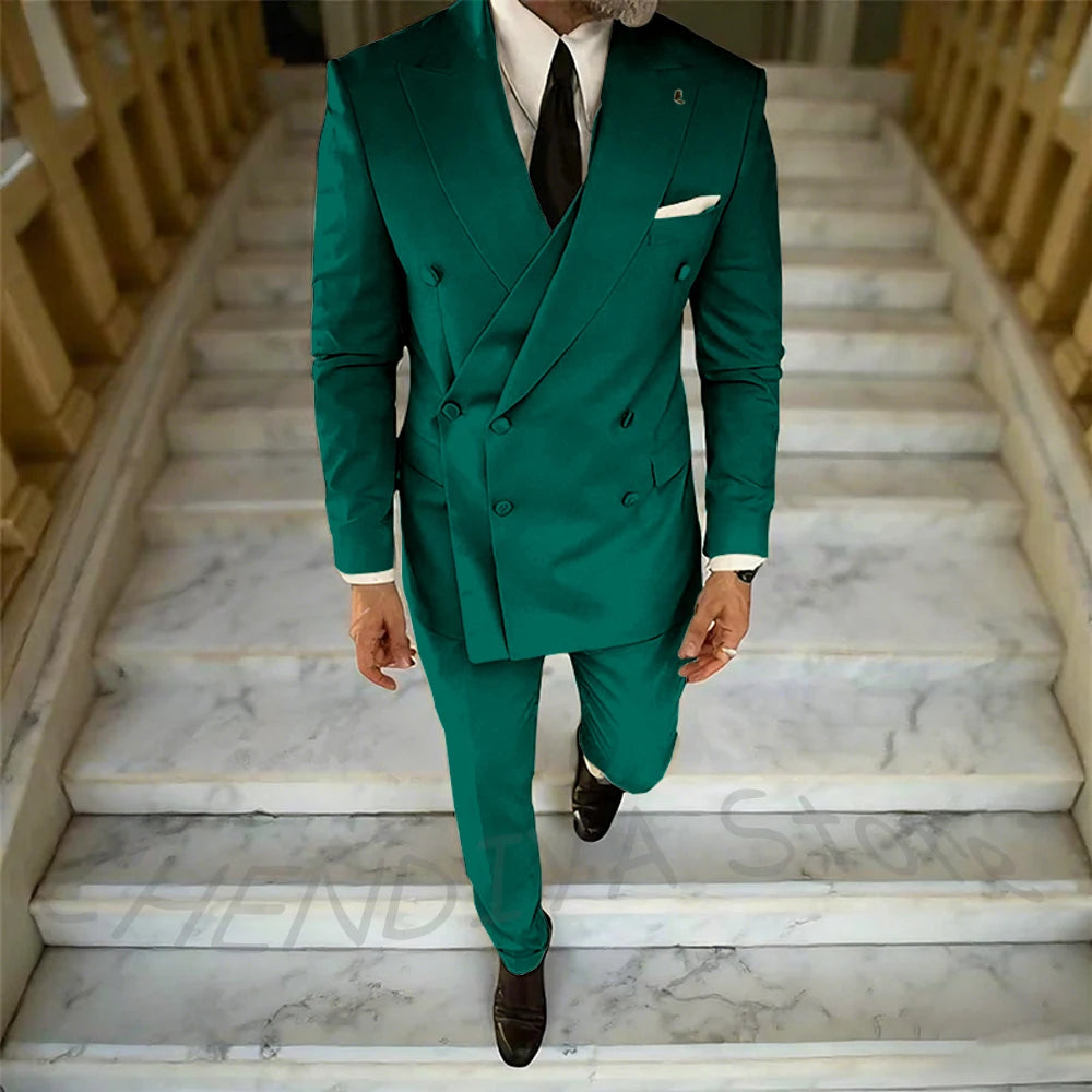 High Quality Peaked Lapel Suit For Men Double Breasted Gentleman Wedding Groom Tuxedo Custom Man Fashion Clothes Set Two Pieces