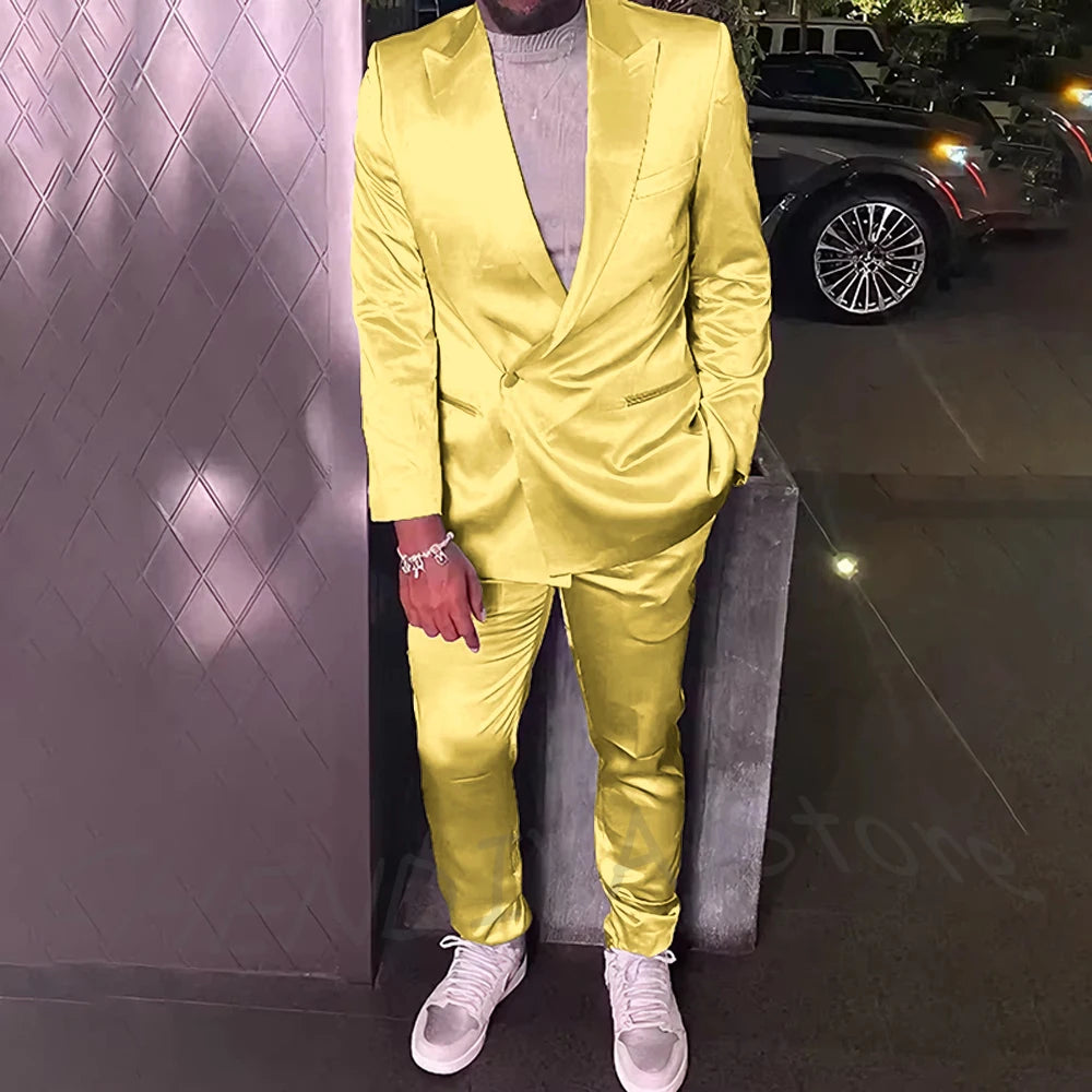 Silver Satin Men Suits 2 Piece Chic Peak Lapel Casual Daily Suit Single Button Formal Evening Party Tuxedo (Blazer+Pants)