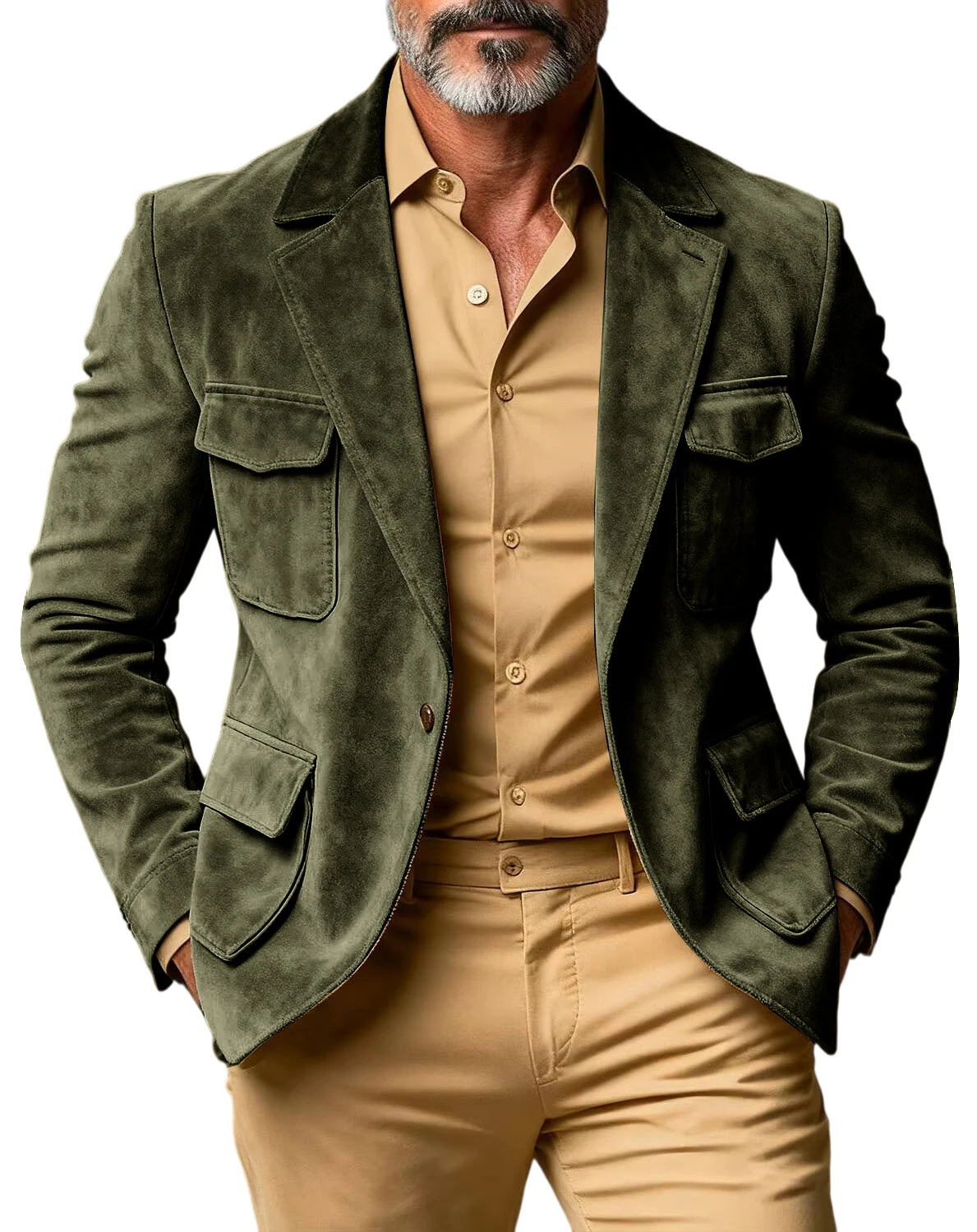 Men's Suede Safari Blazer Slim Fit Notch Lapel Multi-Pocket Hunting Jacket Autumn Winter Casual Business Sport Coat