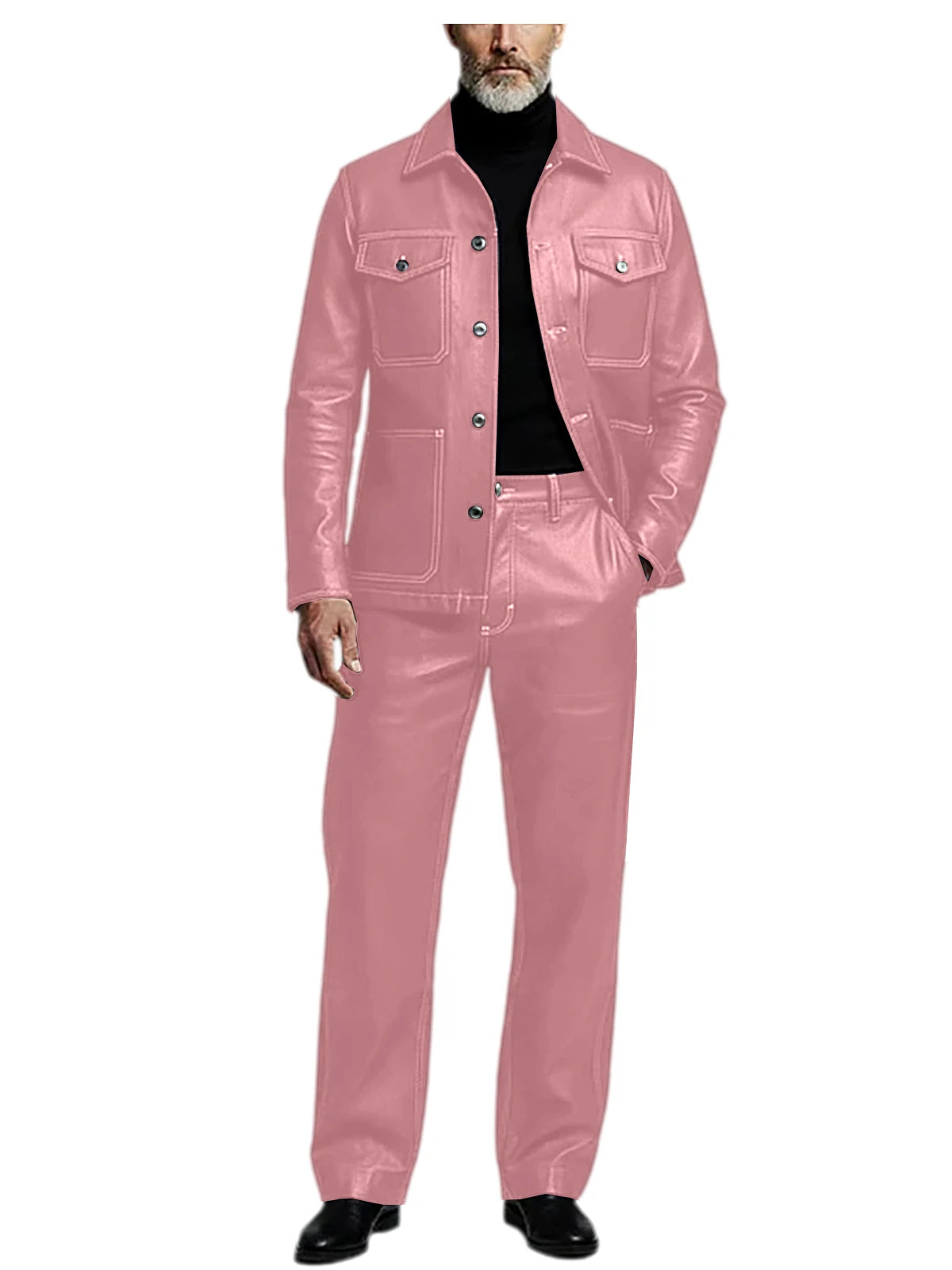 Men's 2 Piece PU Leather Suit Set Multi Pocket Shirt Collar Trucker Jacket Straight Leg Pants Business Casual Streetwear Outfits