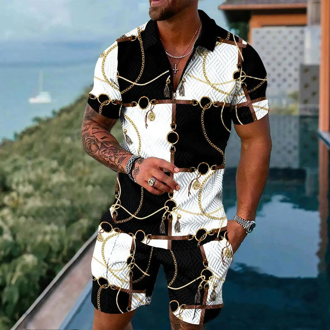 Fashion Men Short Sleeve Sets Summer Urban Street Style Zipper Polo Tops Shorts 2 Piece Outfit Luxury Men's Social Shirts Suit