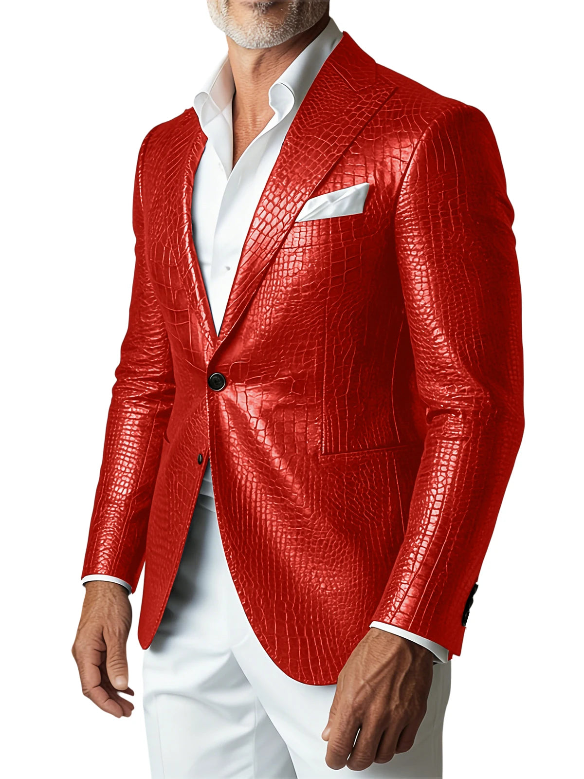 Men Elegant Brown Crocodile PU Leather Blazer Shawl Lapel Long Sleeve Pocket With Belt Business Casual Male Fashion Suit Jacket