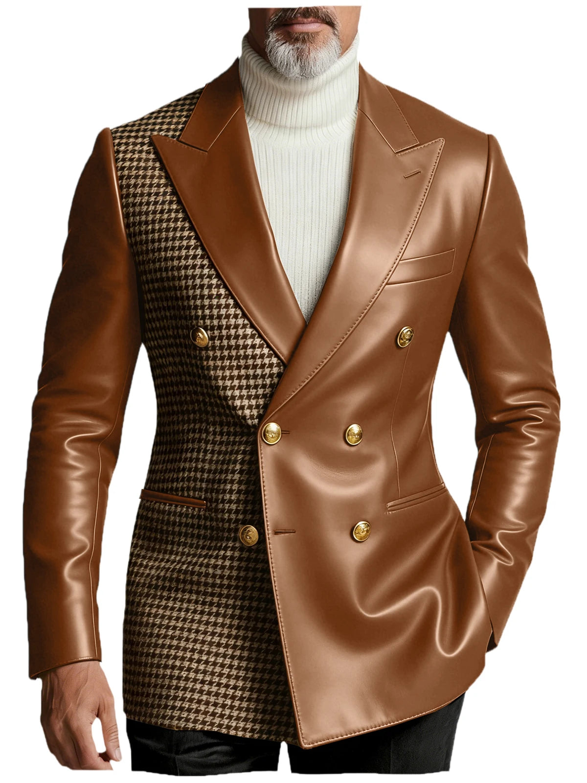 Men's Houndstooth Faux Leather Patchwork Blazer Jacket Double Breasted Peak Lapel Gold Button Slim Fit Suit For Business Casual
