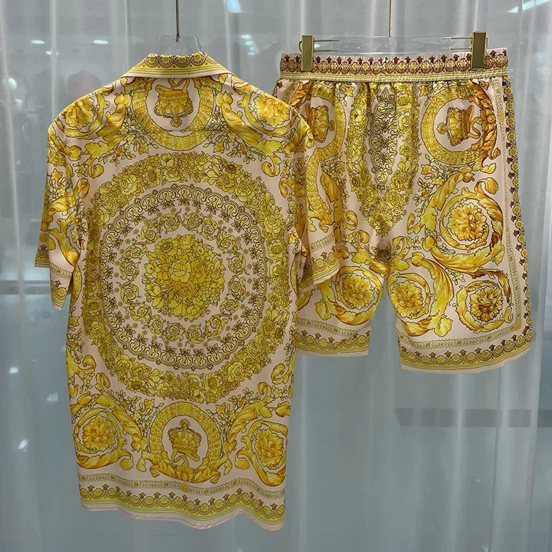 Royal Luxury Men Sets Court Style 2 Piece Shorts Suit Casual Oufits Floral Digital Printing Short Sleeve Shirts Ropa Para Hombre