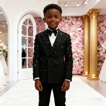 Luxury Suits For Boy Black Crystal Beaded Prom Blazers Customized 2 Pieces Double Breasted Kids Formal Party Wedding Tuxedos