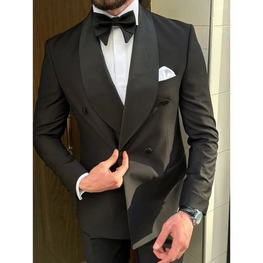 Elegant Solid Men Suits Black Two Piece Fashion Shawl Lapel Double Breasted Groom Wedding Tuxedo Prom Party Male Suit Slim