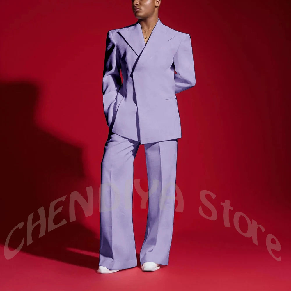 Elegant White Men Suit Peak Lapel Handsome Casual Male Clothing Two Pieces Jacket Pants Banquet Party Suits Set Straight