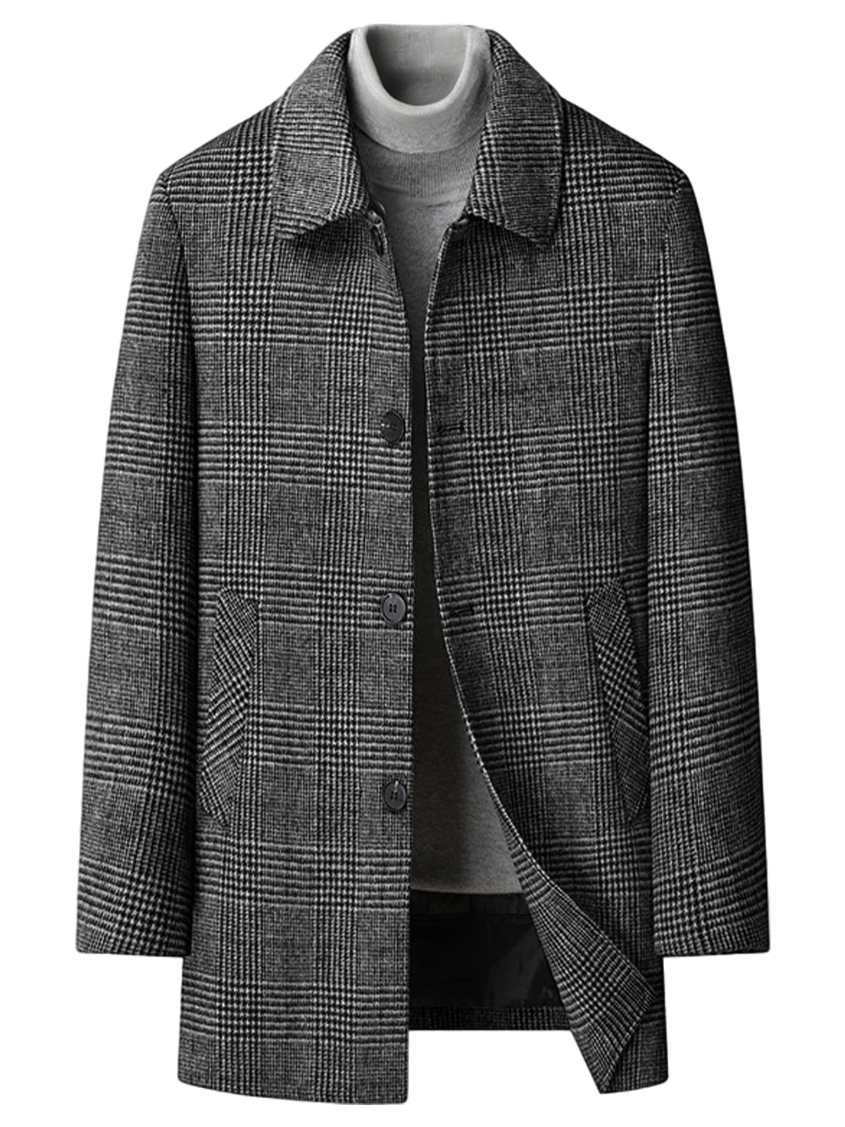 Men's Plaid Wool Blend Overcoat Turn Down Collar Mid Length Classic British Style Jacket For Business Casual