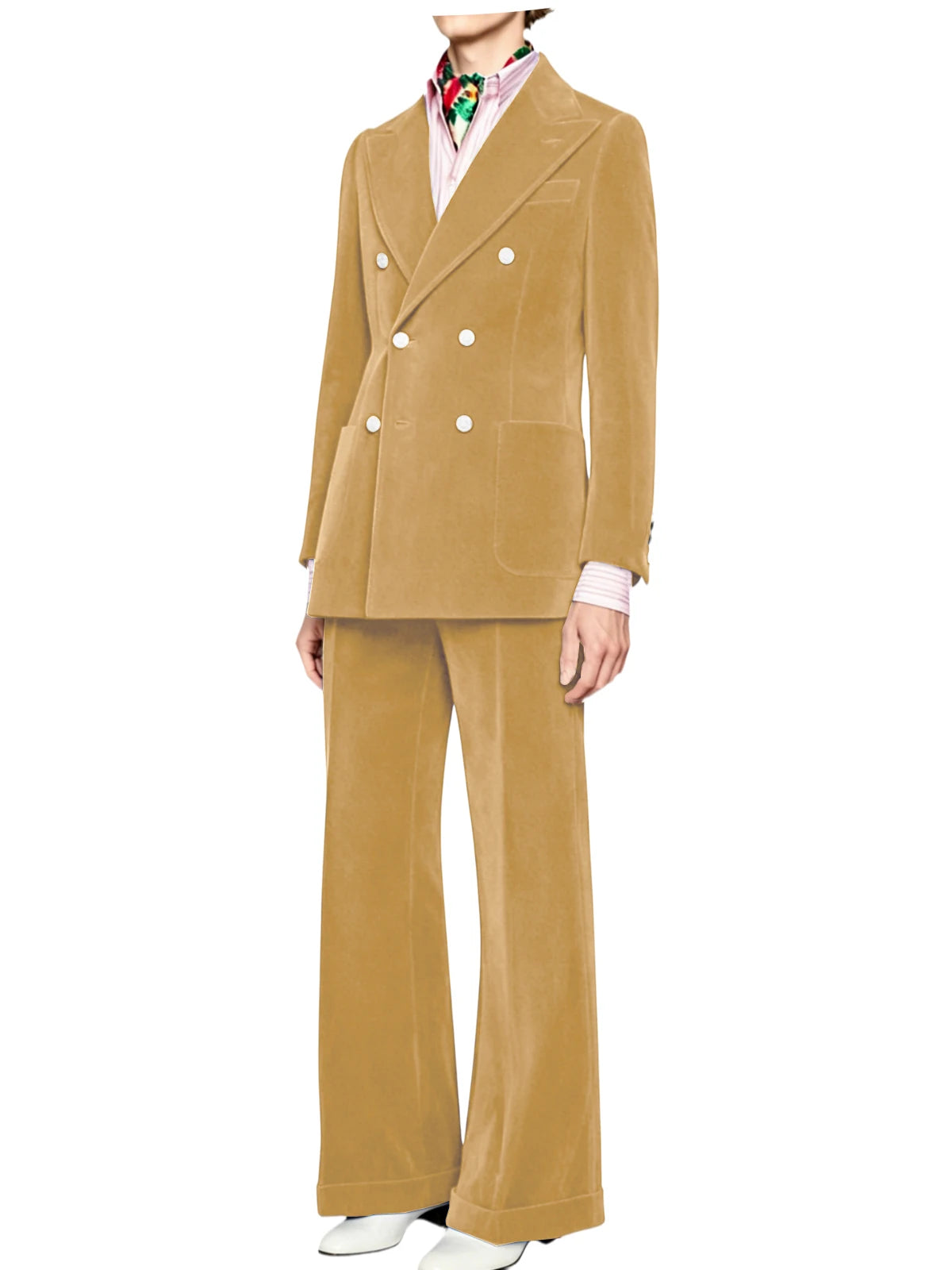 Men's Velvet Double Breasted 2 Piece Suit Set Slim Fit Peak Lapel Formal Straight Leg Pants Suit For Party Wedding Daily Wear