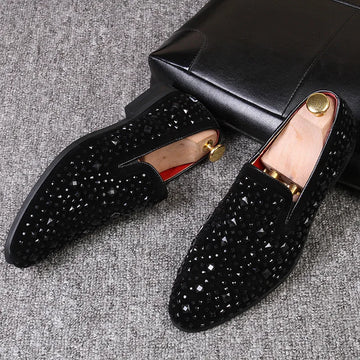 Man Loafers Shoes Genuine Leather Casual Fashion Mens Rhinestone Driving Shoes Man Flats Dress Wedding Slip-on Club Shoe